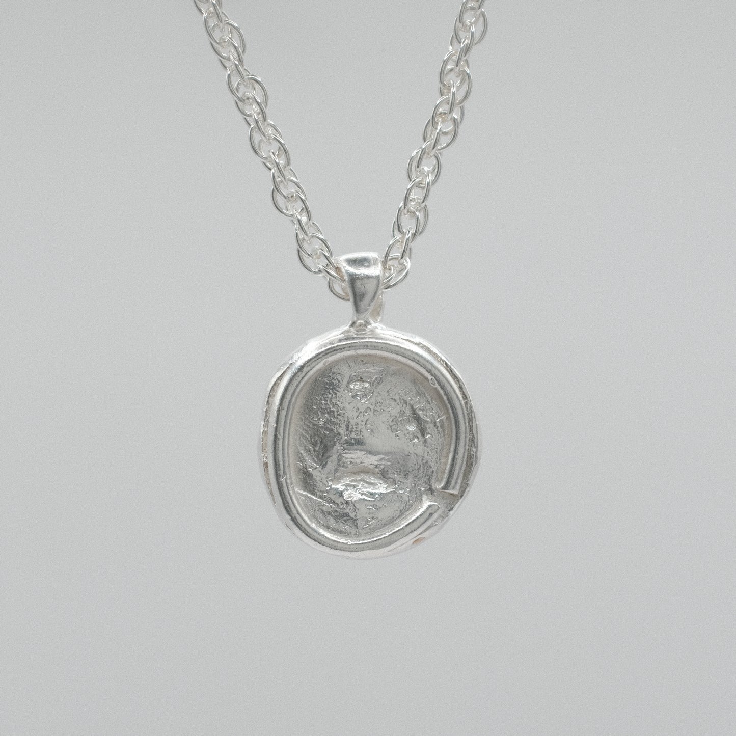 A silver pendant necklace featuring a circular, textured coin-like medallion pendant on a delicate silver chain